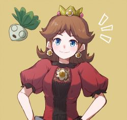 Rule 34 | 1girl, blue eyes, breasts, brown background, brown hair, crown, dress, earrings, hand on own hip, hands on own hips, highres, jewelry, long hair, looking at viewer, mario (series), missou shiro, nintendo, princess daisy, puffy short sleeves, puffy sleeves, red dress, short hair, short sleeves, smile, super mario land, super smash bros., turnip, upper body