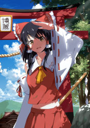 Rule 34 | 1girl, ascot, black hair, bow, brown eyes, cloud, day, detached sleeves, gohei, hair bow, hair tubes, hakurei reimu, light rays, midriff, neckerchief, open mouth, outdoors, ribbon-trimmed sleeves, ribbon trim, rock, shadow, shrine, sky, solo, sunbeam, sunlight, torii, touhou, tree, wide sleeves, yunsang