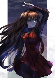 Rule 34 | 1girl, aozaki aoko, black pantyhose, black sweater, blue eyes, breasts, brown hair, closed mouth, commentary request, dress, floating hair, hair intakes, highres, long hair, long sleeves, looking at viewer, mahou tsukai no yoru, medium breasts, pantyhose, red dress, smile, solo, sweater, toomishou, turtleneck, turtleneck sweater, v