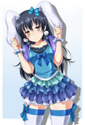 Rule 34 | 1girl, animal ears, artist request, blue dress, blue hair, blue ribbon, bunny girl, closed mouth, commentary request, cowboy shot, dress, earrings, embarrassed, fake animal ears, hair between eyes, hair ribbon, hand on own ear, highres, holding, jewelry, leg ribbon, long hair, looking at viewer, love live!, love live! school idol festival, love live! school idol project, pom pom (clothes), pom pom earrings, rabbit ears, ribbon, simple background, skindentation, solo, sonoda umi, tearing up, thigh ribbon, thighhighs, white background, white thighhighs, yellow eyes