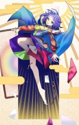 Rule 34 | 1girl, ahoge, bare legs, boots, breasts, cape, card, dauchimk 1113, dress, egasumi, from above, hair between eyes, hairband, highres, long sleeves, looking at viewer, medium breasts, multicolored clothes, multicolored hairband, multicolored legwear, open mouth, patchwork clothes, pink footwear, pouch, purple background, purple eyes, purple hair, rainbow gradient, rainbow print, red button, shoes, short hair, single shoe, sparkle, tenkyuu chimata, touhou, white cape, zipper, zipper pull tab
