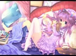 Rule 34 | 1girl, barefoot, bed, blush, book, crescent, cup, double bun, dress, feet, female focus, hair bun, hat, highres, holding, holding book, kettle, long hair, looking at viewer, magic, maryquant, no shoes, patchouli knowledge, pillow, purple eyes, purple hair, saucer, single thighhigh, sitting, solo, teacup, thighhighs, touhou, white thighhighs