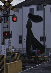Rule 34 | 131 nngo, 1boy, 1girl, backpack, bag, black dress, black hair, child, commentary request, dress, from side, height difference, highres, holding hands, horror (theme), house, long dress, long hair, long sleeves, monster, original, outdoors, railroad crossing, railroad signal, railroad tracks, randoseru, road, tall female, urban