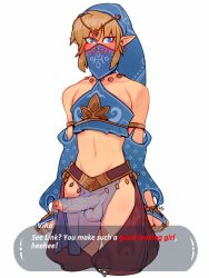 Rule 34 | 1boy, bare shoulders, blonde hair, blue eyes, blush, bulge, crossdressing, detached sleeves, dialogue box, earrings, english text, erection, erection under clothes, foreskin, gerudo, gerudo set (zelda), jewelry, link, looking at viewer, male focus, midriff, mouth veil, navel, nintendo, pelvic curtain, penis, pointy ears, r4, r4drawings, see-through, short hair with long locks, simple background, solo, testicles, text focus, the legend of zelda, the legend of zelda: breath of the wild, trap, veil, white background