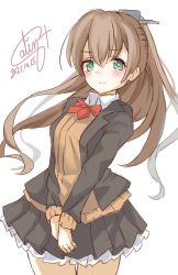 Rule 34 | 1girl, blazer, brown hair, brown jacket, brown skirt, calin, cardigan, commentary request, cowboy shot, dated, frilled skirt, frills, green eyes, highres, jacket, kantai collection, kumano (kancolle), kumano kai ni (kancolle), long hair, one-hour drawing challenge, ponytail, red neckwear, school uniform, signature, simple background, skirt, solo, v arms, white background