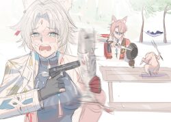 1girl 2boys afterimage animal animal_ears crying crying_with_eyes_open d: feixiao_(honkai:_star_rail) fish forehead_jewel frying_pan furrowed_brow gnarlypzofbread grey_hair gun hammock handgun holding holding_animal holding_frying_pan holding_gun holding_knife holding_weapon honkai:_star_rail honkai_(series) jiaoqiu_(honkai:_star_rail) kitchen_knife knife long_hair looking_at_another looking_at_viewer motion_lines moze_(honkai:_star_rail) multiple_boys on_hammock open_mouth partially_shaded_face pink_hair sketch table tears weapon