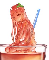 Rule 34 | 1girl, breasts, closed mouth, colored skin, commentary request, cup, drink, drinking glass, drinking straw, expressionless, from side, full body, hair ornament, hekirake, large breasts, leaf hair ornament, long hair, looking at viewer, looking to the side, mini person, minigirl, monster girl, nude, original, parted bangs, red eyes, red hair, red skin, seiza, simple background, sitting, slime girl, solo, white background