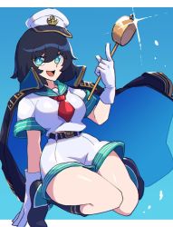 Rule 34 | 1girl, anchor symbol, bad id, bad twitter id, belt, black hair, blue eyes, boots, breasts, coat, coat on shoulders, dress, gloves, gold trim, hat, highres, hishaku, iganashi1, knee boots, large breasts, looking at viewer, murasa minamitsu, open mouth, red neckwear, red ribbon, ribbon, sailor collar, sailor dress, sailor hat, sailor shirt, shiny skin, shirt, short hair, short sleeves, shorts, solo, thighs, touhou, white gloves, white shorts