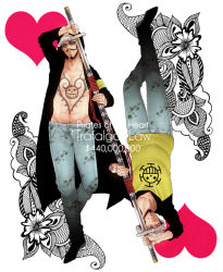 Rule 34 | 1boy, character name, denim, dressrosa, dual persona, facial hair, fake facial hair, fake mustache, glasses, hat, heart, hood, hoodie, jeans, lovejunky, male focus, mustache, one piece, ootachi, open clothes, open shirt, pants, pirate, raglan sleeves, shirt, solo, sword, tattoo, trafalgar law, weapon