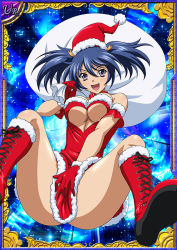 Rule 34 | 00s, 1girl, bashoku youjou, boots, breasts, card (medium), christmas, dress, female focus, hat, ikkitousen, large breasts, long hair, looking at viewer, no bra, santa hat, smile, twintails
