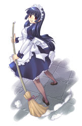 Rule 34 | 1girl, alice (ragnarok online), apron, blue hair, blunt bangs, blush, broom, brown pantyhose, crack, cracked floor, floor, from above, full body, layered sleeves, legs apart, long hair, long sleeves, looking at viewer, maid, maid apron, maid headdress, mary janes, open mouth, pantyhose, ragnarok online, red eyes, shoes, short over long sleeves, short sleeves, solo, standing, white background