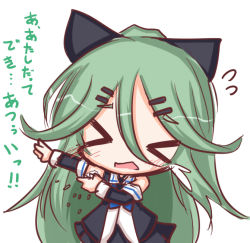 Rule 34 | &gt; &lt;, 10s, 1girl, bare shoulders, chibi, detached sleeves, closed eyes, green hair, hair between eyes, hair ornament, hair ribbon, hairclip, kantai collection, komakoma (magicaltale), long hair, open mouth, ribbon, rice, skirt, solo, tears, translation request, yamakaze (kancolle)