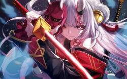 1girl 2nd_generation_(hololive) bright_pupils closed_mouth clothing_cutout commentary_request demon_girl demon_horns fenrir_(fenlil0316) highres holding holding_mask holding_sword holding_weapon hololive horns katana long_hair long_sleeves looking_at_viewer mask multicolored_hair nakiri_ayame nakiri_ayame_(1st_costume) oni_mask partial_commentary red_eyes shoulder_cutout solo streaked_hair sword upper_body very_long_hair virtual_youtuber weapon white_hair white_horns white_pupils