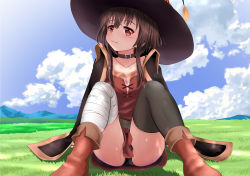 Rule 34 | 1girl, bandaged leg, bandages, belt, black panties, black thighhighs, blush, brown hair, cape, closed mouth, clothes between thighs, cloud, collarbone, commentary request, day, dress, gibun (sozoshu), gloves, hat, highres, knees up, kono subarashii sekai ni shukufuku wo!, looking at viewer, megumin, on ground, outdoors, panties, pantyshot, red dress, red eyes, revision, short hair, short hair with long locks, single thighhigh, sitting, solo, thighhighs, thighs, underwear, witch hat, with you