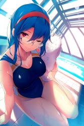 Rule 34 | 1girl, arm support, bad id, bad pixiv id, bare legs, barefoot, blue hair, blue one-piece swimsuit, blush, breasts, cleavage, closed mouth, collarbone, competition swimsuit, day, foreshortening, gakuen taisen valkyries, glasses, hairband, holding, indoors, lens flare, looking at viewer, medium breasts, one-piece swimsuit, pool, red eyes, rei no pool, rimless eyewear, ryuji (ikeriu), sabra greengold, sitting, smile, solo, sunlight, swimsuit, tile floor, tiles, towel, water, water drop, wet, yokozuwari