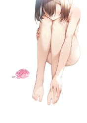 Rule 34 | 1girl, absurdres, barefoot, bingsardina, black hair, blush, brown hair, closed mouth, completely nude, flower, highres, holocouncil, hololive, hololive english, knees up, multicolored hair, nanashi mumei, no eyes, nude, pink flower, short hair, simple background, sitting, smile, solo, streaked hair, virtual youtuber, white background, white hair