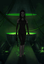 Rule 34 | 1girl, bare shoulders, barefoot, black eyes, black hair, bodysuit, breasts, cable, commentary, covered navel, dark, elbow gloves, eve online, full body, gloves, glowing, green theme, grey bodysuit, grey gloves, indoors, krats, lips, looking at viewer, machinery, medium breasts, medium hair, nose, original, photoshop (medium), realistic, science fiction, solo, walking, water, wet, wet clothes, wet hair