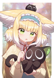 Rule 34 | 1girl, absurdres, animal, animal ear fluff, animal ears, animal on head, arknights, beudelb, blonde hair, blue hairband, blue skirt, cardigan, cat, cat on head, colored tips, fang, fox ears, fox girl, frilled hairband, frills, green eyes, hair down, hairband, heixiu, highres, holding, holding animal, holding cat, long hair, long sleeves, luo xiaohei, multicolored hair, neck ribbon, official alternate costume, on head, open cardigan, open clothes, open mouth, red ribbon, ribbon, shirt, skin fang, skirt, solo, straight hair, streaked hair, suzuran (arknights), suzuran (spring praise) (arknights), luo xiaohei zhanji, upper body, very long hair, white hair, white shirt, yellow cardigan