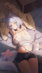 Rule 34 | 1girl, alcohol, animal ear fluff, animal ears, armpits, arms up, bed sheet, black shorts, blush, bottle, breasts, cleavage, collarbone, covered erect nipples, cowboy shot, crop top, dolphin shorts, fox ears, fox girl, fox tail, grey hair, hair between eyes, highres, indoors, jacket, large breasts, long sleeves, looking at viewer, lying, meridian project, midriff, mizuki (vtuber), navel, on back, one eye closed, puffy nipples, rryiup, shadow, short hair, short shorts, shorts, sidelocks, smile, solo, stuffed toy, tail, tank top, teeth, thighs, virtual youtuber, white tank top