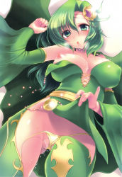 Rule 34 | 108 gou, 1990s (style), 1girl, :o, bare shoulders, blush, breasts, detached sleeves, final fantasy, final fantasy iv, green eyes, green hair, green theme, green thighhighs, hair ornament, highres, large breasts, legs, lips, long hair, looking at viewer, matching hair/eyes, nipples, panties, panty pull, puffy nipples, pussy juice, retro artstyle, rydia (ff4), side-tie panties, solo, thighhighs, thighs, underwear, untied, wardrobe malfunction, wet, yellow panties