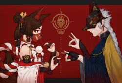 Rule 34 | 1boy, 1girl, animal ears, bad id, bad pixiv id, braid, brown hair, earrings, fingerless gloves, fox ears, fox mask, fox shadow puppet, from side, gloves, harusatonougyou, highres, japanese clothes, jewelry, kimono, long hair, looking at viewer, mask, nontraditional miko, original, partially fingerless gloves, red background, single braid, standing, translation request, white hair