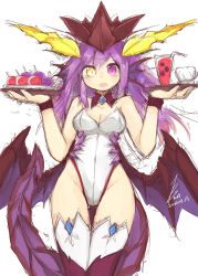 Rule 34 | 1girl, adapted costume, blush, breasts, cleavage, collarbone, covered navel, cowboy shot, cup, detached collar, dragon girl, dragon horns, dragon tail, dragon wings, drink, drinking straw, fang, fins, from above, head fins, heterochromia, highres, holding, holding plate, horns, leotard, long hair, looking at viewer, looking down, mou tama maru, open mouth, plate, purple eyes, purple hair, puzzle &amp; dragons, scales, simple background, sketch, solo, sonia (p&amp;d), tail, thigh gap, thighhighs, white background, wings, wrist cuffs, yellow eyes