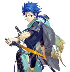 Rule 34 | 1boy, belt, blue hair, bracelet, braid, braided ponytail, cape, child, comacoul, cu chulainn (fate), dagger, earrings, fate/grand order, fate/grand order arcade, fate (series), from side, highres, holding, holding dagger, holding knife, holding weapon, hood, hood down, jewelry, knife, long hair, looking to the side, male focus, red eyes, setanta (fate), short sleeves, simple background, smile, solo, spiked hair, type-moon, weapon, white background