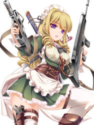 Rule 34 | 1girl, apron, asymmetrical dual wielding, blonde hair, breasts, bullpup, dual wielding, frills, gun, holding, holster, long hair, looking at viewer, maid, maid apron, maid headdress, monety, p90, personal defense weapon, purple eyes, rifle, solo, submachine gun, suppressor, thigh holster, thighhighs, weapon