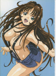 Rule 34 | 1girl, :d, amano yo-ki, breasts, brown hair, cleavage, covered erect nipples, denim, denim shorts, fang, fingernails, green eyes, hair intakes, highres, large breasts, long fingernails, long hair, naked suspenders, open fly, open mouth, parted bangs, revealing clothes, scan, short shorts, shorts, simple background, smile, solo, standing, suspenders, topless, unzipped, very long hair