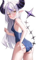 Rule 34 | 1girl, absurdres, adjusting clothes, adjusting swimsuit, ahoge, bare shoulders, blue one-piece swimsuit, blush, braid, cowboy shot, demon girl, demon horns, ear blush, from behind, green tea (greente42869067), grey hair, hair between eyes, highres, hololive, horns, la+ darknesss, long hair, looking at viewer, looking back, multicolored hair, one-piece swimsuit, open mouth, pointy ears, purple hair, sidelocks, simple background, solo, streaked hair, striped horns, swimsuit, virtual youtuber, wet, wet clothes, white background, yellow eyes