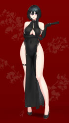 Rule 34 | 1girl, arm under breasts, black dress, black footwear, black gloves, black hair, breasts, china dress, chinese clothes, cleavage cutout, clothing cutout, covered navel, dress, earrings, elbow gloves, folded fan, folding fan, gloves, hair between eyes, hand fan, hayabusa, high heels, highres, holding, holding fan, jewelry, large breasts, mole, mole on breast, mole under eye, mole under mouth, original, parted lips, pelvic curtain, purple eyes, red background, short hair with long locks, single earring, solo, standing, thigh strap, underboob, underboob cutout