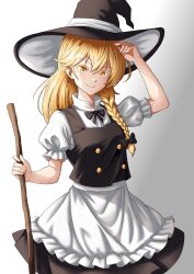 Rule 34 | 1girl, absurdres, black hat, blonde hair, braid, closed mouth, commentary, english commentary, gradient background, hat, highres, kirisame marisa, long hair, looking at viewer, short sleeves, side braid, single braid, smacphadraig, smile, solo, touhou, upper body, white background, yellow eyes