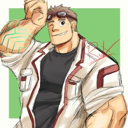 Rule 34 | 1boy, bara, body markings, brown hair, clenched hand, goggles, goggles on head, hand up, highres, kajiya kurogane, large pectorals, looking at viewer, male focus, muscular, muscular male, open jumpsuit, pectorals, ruvkun, short hair, solo, thick eyebrows, tokyo houkago summoners, unfinished, upper body