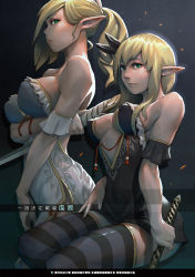 2girls bare_shoulders blonde_hair bo_xun_lin bow breasts cleavage dress frills green_eyes hair_bow highres holding holding_weapon large_breasts long_hair looking_at_viewer medium_breasts multiple_girls original pointy_ears ponytail sideways_glance sitting sleeveless sleeveless_dress standing striped_clothes striped_legwear striped_thighhighs sword thighhighs watermark weapon