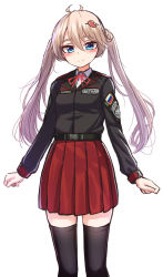 Rule 34 | 1girl, black jacket, black thighhighs, blue eyes, blush, closed mouth, collared shirt, feet out of frame, hair between eyes, hair ornament, hairclip, highres, jacket, light brown hair, long hair, long sleeves, looking at viewer, neck ribbon, original, red ribbon, ribbon, shirt, simple background, smile, solo, thighhighs, twintails, very long hair, white background, white shirt, yakob labo
