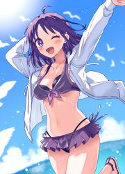 Rule 34 | 1girl, ;d, absurdres, ahoge, arms up, bikini, bikini skirt, blush, breasts, cleavage, collarbone, commentary request, dorisu (dolly-su), highres, jacket, medium breasts, medium hair, navel, ocean, one eye closed, open clothes, open jacket, open mouth, original, purple bikini, purple eyes, purple hair, smile, solo, swimsuit, white jacket