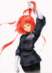 Rule 34 | 1girl, belt, black belt, breasts, clenched hand, cutting hair, floating hair, gaw ha leccee, gloves, grey eyes, holding, holding own hair, juusenki l-gaim, looking down, marker (medium), narakenmin, red hair, severed hair, small breasts, smile, solo, traditional media, uniform, white background, white gloves
