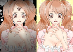 Rule 34 | 1girl, blush, breasts, brown eyes, brown hair, charlotte pudding, chikaburo, cleavage, large breasts, lips, long hair, looking at viewer, multiple views, one piece, shiny skin, simple background, standing, third eye, twintails, very long hair, wide hips