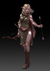 Rule 34 | 1girl, absurdres, arrow (projectile), black background, blonde hair, blue eyes, boots, bow (weapon), breasts, brown cape, brown footwear, cape, cross-laced footwear, elf, full body, glint, gradient background, green shirt, highres, holding, holding bow (weapon), holding weapon, knee boots, lipstick, long hair, looking at viewer, makeup, medium breasts, navel, original, pointy ears, quiver, sheath, sheathed, shirt, simple background, sleeveless, solo, standing, sword, thighhighs, very long hair, weapon, xue qi ye (dndtmbdue)