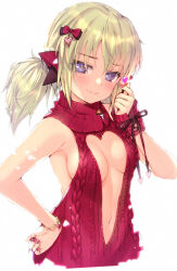 Rule 34 | 1girl, blonde hair, blush, bow, breasts, chiyomarupon (y1pfq8tm92wcq5m), cleavage cutout, closed mouth, clothing cutout, finger heart, hair ornament, hair ribbon, heart, heart cutout, heart hair ornament, kafuru (senran kagura), low twintails, medium breasts, meme attire, nail polish, purple eyes, red bow, red sweater, ribbon, senran kagura, sideboob, simple background, smile, solo, sweater, twintails, upper body, virgin killer sweater, white background