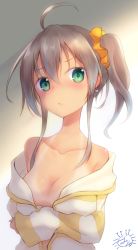 Rule 34 | 1girl, absurdres, ahoge, alternate breast size, aqua eyes, arm under breasts, bare shoulders, breast hold, breasts, brown hair, cat earrings, cleavage, closed mouth, collarbone, hair between eyes, highres, hololive, jacket, kanimiso (juutilainen77), looking at viewer, medium breasts, natsuiro matsuri, natsuiro matsuri (matsuri&#039;s day off), no bra, off shoulder, scrunchie, short hair, side ponytail, solo, striped clothes, striped jacket, tan, tanline, upper body, virtual youtuber, white jacket, yellow jacket, yellow scrunchie