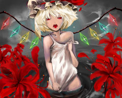 Rule 34 | 1girl, bad id, bad pixiv id, bare shoulders, blonde hair, bottomless, embodiment of scarlet devil, fangs, female focus, flandre scarlet, flat chest, flower, fukanenbutsu (q1323562521), highres, kuriko, open mouth, ponytail, red eyes, side ponytail, solo, spider lily, strap slip, submerged, touhou, wading, water, wings