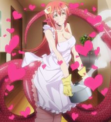Rule 34 | 10s, 1girl, apron, breasts, cleavage, highres, lamia, large breasts, long hair, miia (monster musume), monster girl, monster musume no iru nichijou, red hair, smile, standing, stitched, third-party edit