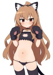 Rule 34 | 1girl, aisaka taiga, animal ear fluff, animal ears, animal hands, black bra, black gloves, black hairband, black panties, black thighhighs, bra, breasts, brown hair, cat cutout, clothing cutout, commentary, cowboy shot, fake animal ears, gloves, hairband, highres, long hair, looking at viewer, lowleg, lowleg panties, meme attire, mikoscrub, navel, panties, paw gloves, paw pose, skindentation, small breasts, solo, standing, symbol-only commentary, thighhighs, toradora!, underwear, underwear only, v-shaped eyebrows