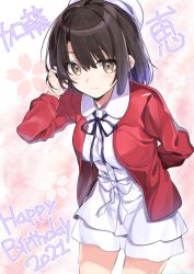 Rule 34 | 1girl, arm behind back, black hair, black neckwear, black ribbon, brown hair, closed mouth, commentary request, dated, dress, happy birthday, hat, highres, katou megumi, looking at viewer, narumiya (empty cafe), ribbon, saenai heroine no sodatekata, short hair, solo, thighs, white dress, white hat
