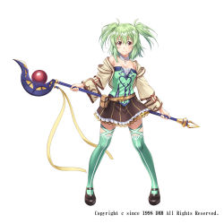 Rule 34 | 1girl, belt, belt pouch, black footwear, breasts, brown eyes, brown skirt, cleavage, cross, detached collar, full body, green hair, green thighhighs, hitsuji chronicle, holding, holding staff, looking at viewer, official art, pouch, rosana (hitsuji chronicle), short hair, simple background, skirt, solo, staff, standing, tenkuu nozora, thighhighs, watermark, white background, wide sleeves