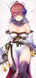 Rule 34 | 1girl, absurdres, alternate hairstyle, bare shoulders, bed, black gloves, black thighhighs, blush, breasts, cleavage, collarbone, detached collar, detached sleeves, from above, gloves, hair ornament, hair ribbon, heterochromia, highres, hololive, houshou marine, japanese clothes, large breasts, looking at viewer, masaoka misaki, on bed, red eyes, red hair, ribbon, side slit, skindentation, sleeves past wrists, smile, solo, thick thighs, thighhighs, thighs, traditional clothes, virtual youtuber, white ribbon, wide sleeves, yellow eyes