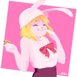 Rule 34 | blonde hair, blouse, carrot (one piece), cookie, crumbs, closed eyes, flower, food, hat, highres, one piece, rabbit ears, rabbit girl, ribbon, ribbon-trimmed collar, ribbon trim, shirt, short hair, smile