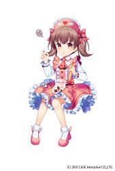 Rule 34 | 1girl, ascot, bag, bandaid, bandaid on hand, blush, bow, brown eyes, brown hair, chocolate, collared shirt, dress, frilled dress, frilled hairband, frills, gothic wa mahou otome, hair bow, hairband, heart, highres, invisible chair, jenevan, long sleeves, looking at viewer, official art, parted lips, pink dress, pink footwear, red ascot, shirt, shoes, short hair, simple background, sitting, socks, solo, squiggle, twintails, watermark, white background, white shirt, white socks, wing collar