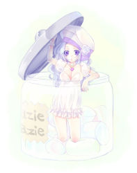 Rule 34 | 1girl, :o, blue hair, bracelet, breasts, cleavage, cup, dress, flower, food, food-themed clothes, hat, in container, in cup, jar, jewelry, kneeling, long hair, marshmallow, minase ruruu, mini person, minigirl, necklace, original, puffy sleeves, purple eyes, rose, solo, wavy hair, white dress, white flower, white rose